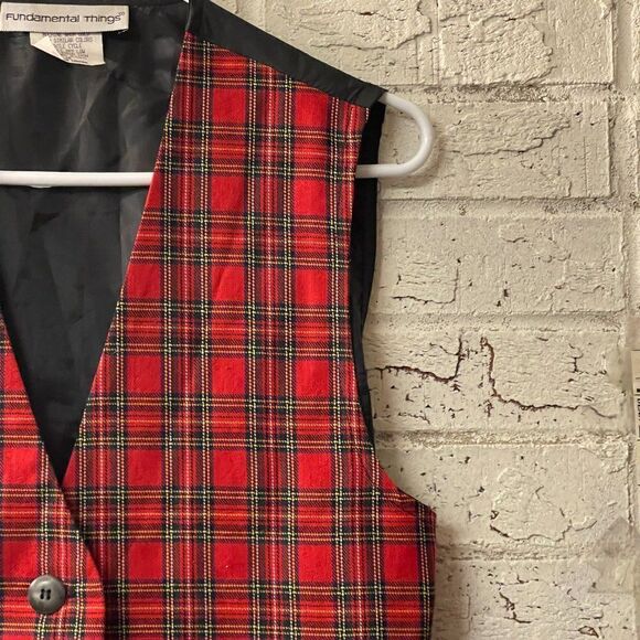 Dark Academia School Girl 90's Vintage Red Plaid Button Up Vest - Picture 2 of 8